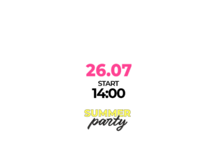 Black poster background featuring a bold pink date '26.07' near the bottom, with 'SUMMER' in yellow and a cursive 'party' beneath it.