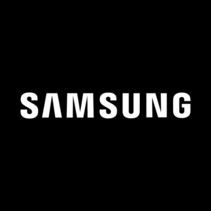 Samsung wordmark in white on a black background.