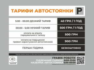 Infographic showing Ukrainian parking tariffs: header 'ТАРИФИ АВТОСТОЯНКИ' with a tariff table (daytime and nighttime rates, penalties).